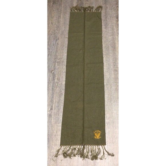 US Army Scarf Green Vintage Wool OG Military Emblem Logo Fringe Rare - Picture 3 of 6